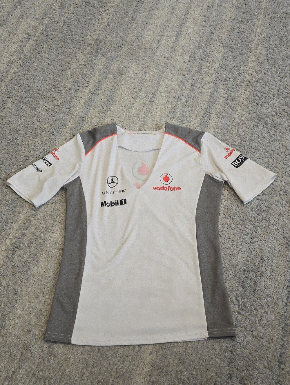 Vodafone McLaren Mercedes F1 Team Shirt Hugo Boss Women's Small White V-Neck